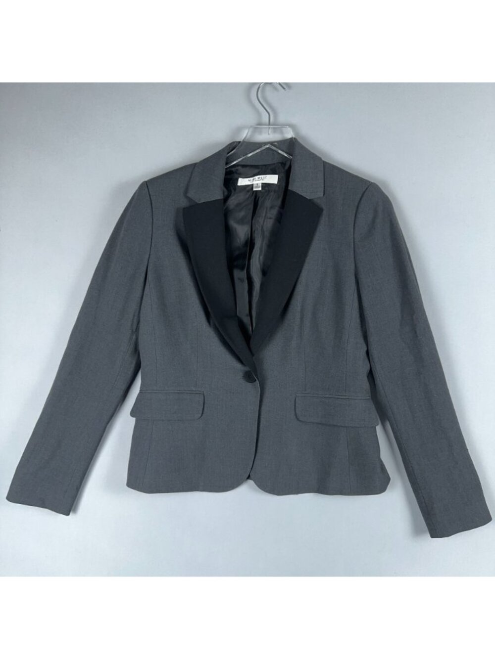 Nine West Suit Jacket Size 6 Gray Black Single Button Contrast Lapels - Picture 2 of 12